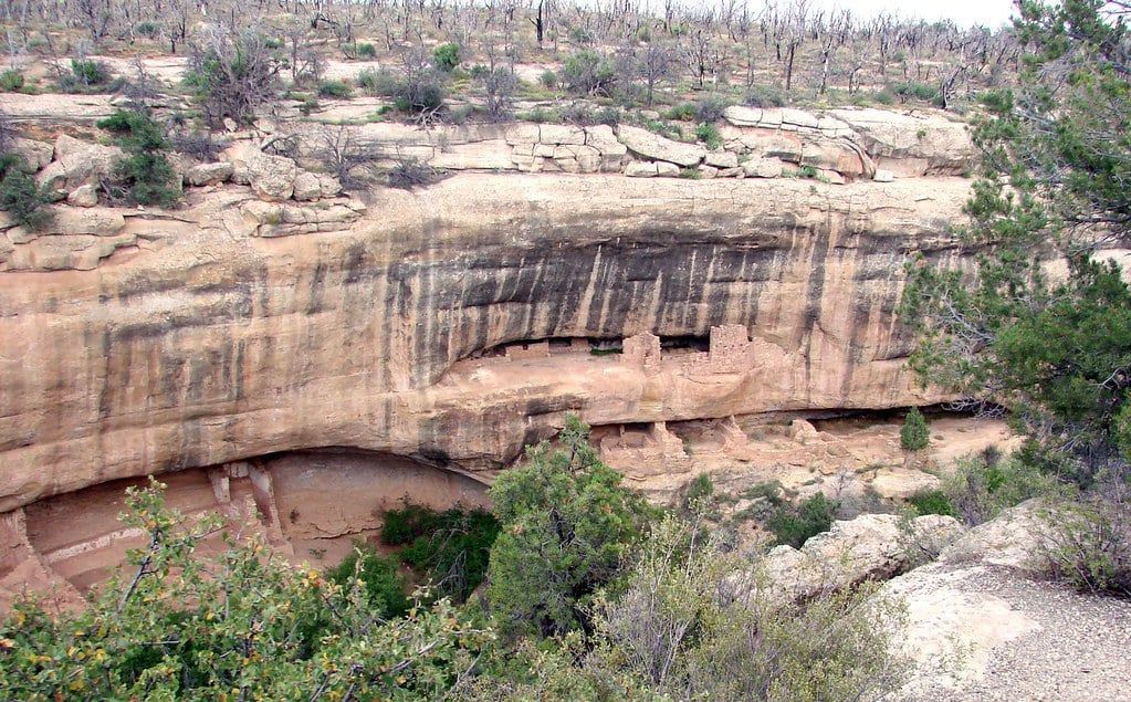 Antike Felsenbehausungen eingebettet in eine Sandstein-Nische eines Canyons, gesehen von Sun Point im Mesa-Verde-Nationalpark.