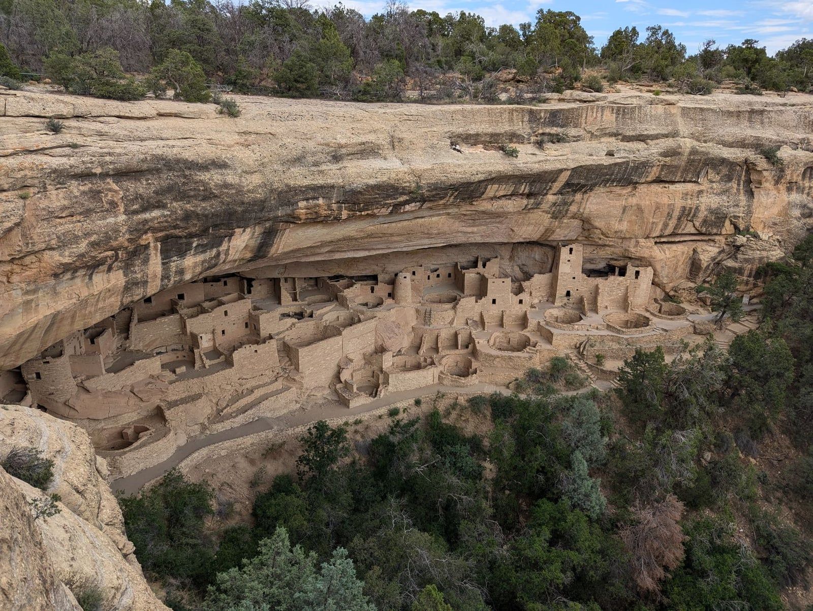 Sandsteintürme, mehrstöckige Maurerwerksräume und runde Kivas von Cliff Palace liegen geschützt unter einer Felsschulter im Mesa-Verde-Nationalpark.