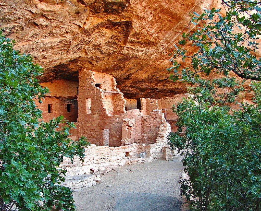 Gut erhaltene Steinmauern und mehrstöckige Räume der Felswohnung Spruce Tree House, geschützt unter einer Sandstein-Nische im Mesa-Verde-Nationalpark.